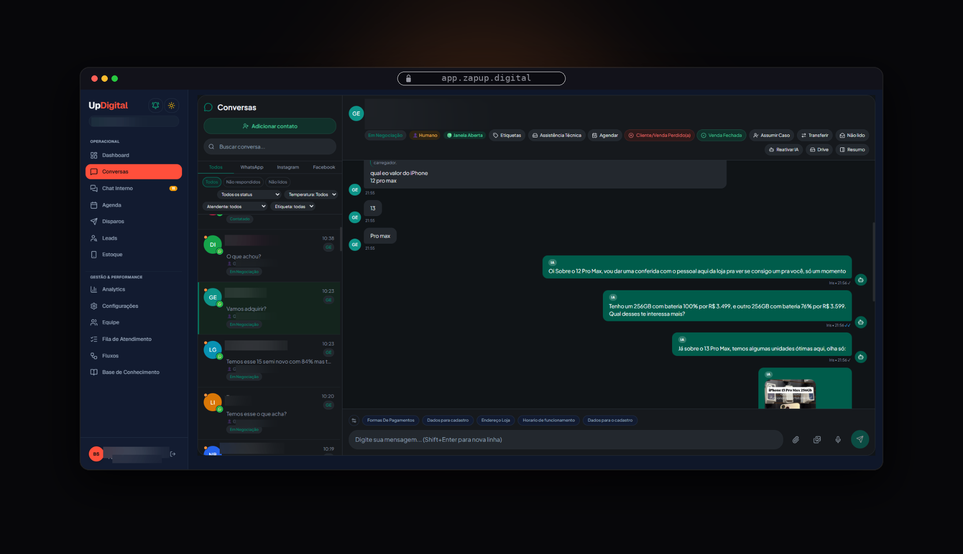 Painel ZapUp em uso — conversas, kanban e IA atendendo